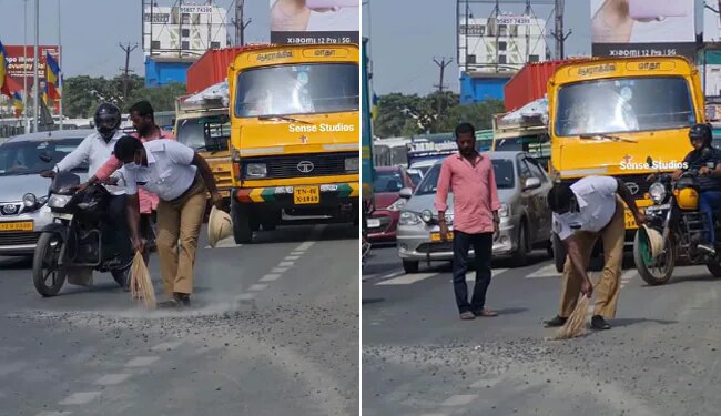 Viral Video Of Traffic Police | Traffic Police Mopping The Road Trending On Social Media