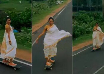 Woman Longboards On Kerala Road In A Saree Watch Heart Touching Video