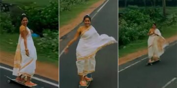 Woman Longboards On Kerala Road In A Saree Watch Heart Touching Video