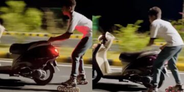 Stunt Viral Video: Viral Video Of Boy Performing Dangerous Stunt With Skates And Scooty