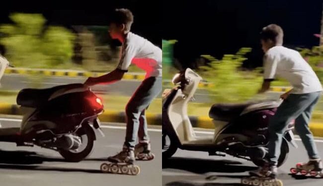 Stunt Viral Video: Viral Video Of Boy Performing Dangerous Stunt With Skates And Scooty