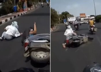 Watch Viral Video: Woman Fell From Scooty Puts Blame On Biker Accident Video Goes Viral On Internet
