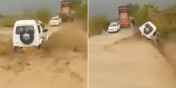 Car Plunges Into Ditch After Speeding On Flooded Road Internet Shocked To See This Viral Video