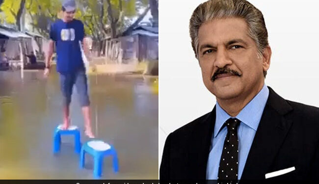 Anand Mahindra Impressed With This Man Desi Jugaad To Walk On A Waterlogged Street Watch Viral Video