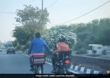 Swiggy Delivery Boy Helps Zomato Delivery Boy Going Bicycle On Road, Video Wins Hearts