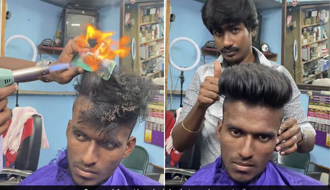 Barber Make Hair Style Burning Hair By Fire Internet Shocked Gave Funny Reaction See Viral Video – बाल में आग लगाकर हेयरस्टाइल बना रहा था सैलून वाला, लोग बोले