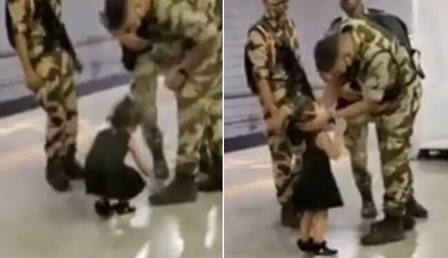 दौड़कर आई छोटी बच्ची ने आर्मी जवान के छुए पैर , भावुक होकर फौजी ने भी सिर चूमा, देखें वीडियो