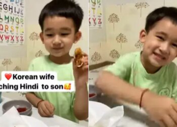 Watch Viral Video: Korean Woman Teaches Hindi To Son | Korean Mother Teaching His Son Hindi Language While Eating Pakora