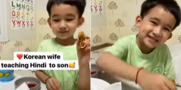 Watch Viral Video: Korean Woman Teaches Hindi To Son | Korean Mother Teaching His Son Hindi Language While Eating Pakora