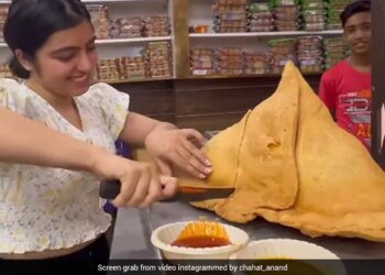 Biggest Samosa Ever Girl Could Not Lift It By Hand Then Ate It By Cutting With Knife See Viral Video
