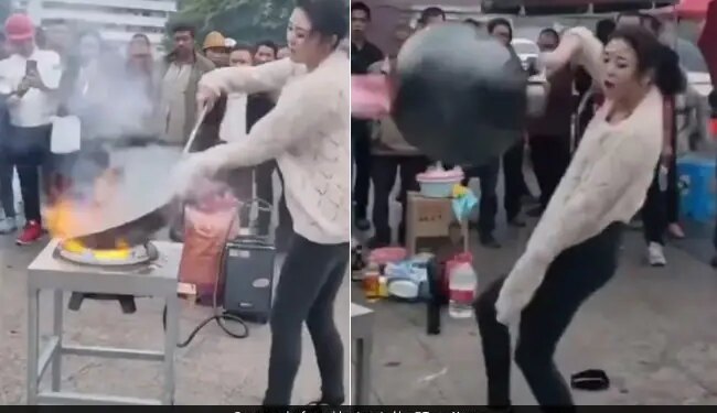 Girl Was Making Noodles While Dancing On Road Waved The Pan In The Air Watch Shocking Video