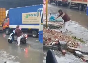Man Got Wash Away In The Gutter On The Roadside In The Rain | Old Man Washed Away In Gutter See Viral Video