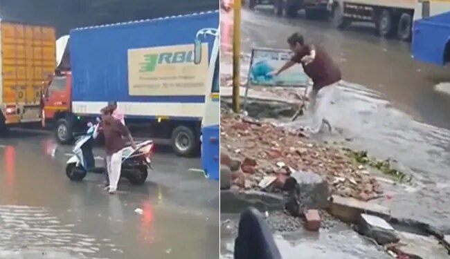 Man Got Wash Away In The Gutter On The Roadside In The Rain | Old Man Washed Away In Gutter See Viral Video