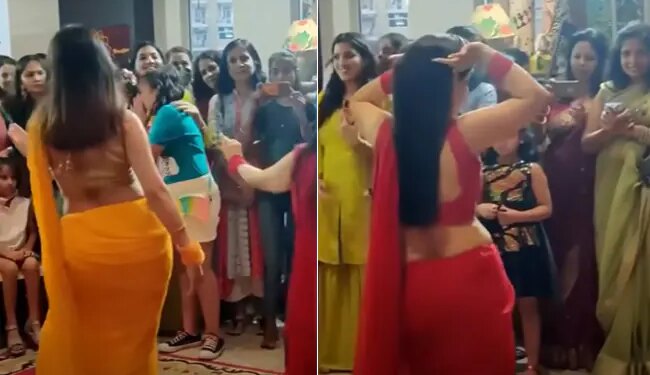 Viral Video Of Ladies Belly Dance Wearing Saree On Allu Arjun Rashmika Mandanna Pushpa Movie Song And Akshay Kumar Raveena Todon Song