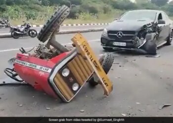 Tractor Broke Into Two Parts After Collision With Mercedes Car See Viral Video