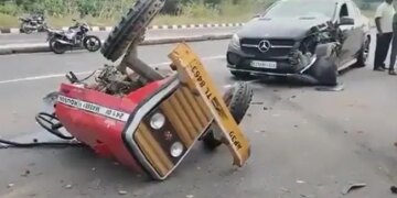 Tractor Broke Into Two Parts After Collision With Mercedes Car See Viral Video