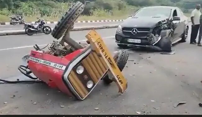Tractor Broke Into Two Parts After Collision With Mercedes Car See Viral Video