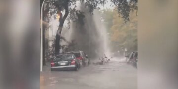 Sewer Burst On Road After Heavy Rain Resembles Huge Geyser In Chicago Watch Shocking Video