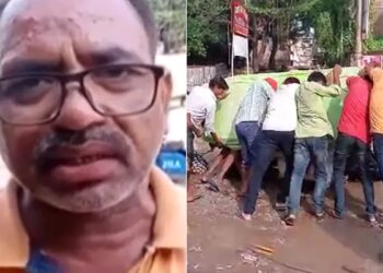 On Camera E-Rickshaw Overturns As Man Complains About Potholes In Ballia Uttar Pradesh – रिपोर्टर से खराब सड़क से हो रही परेशानियों की शिकायत कर रहा था शख्स, तभी पीछे पलट गया ई-रिक्शा