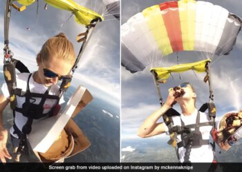 Woman Enjoys Pie While Skydiving: Woman Eating Pie While Skydiving Video Goes Viral On Social Media Woman Eats Pie While Skydiving