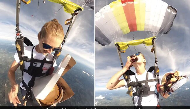 Woman Enjoys Pie While Skydiving: Woman Eating Pie While Skydiving Video Goes Viral On Social Media Woman Eats Pie While Skydiving