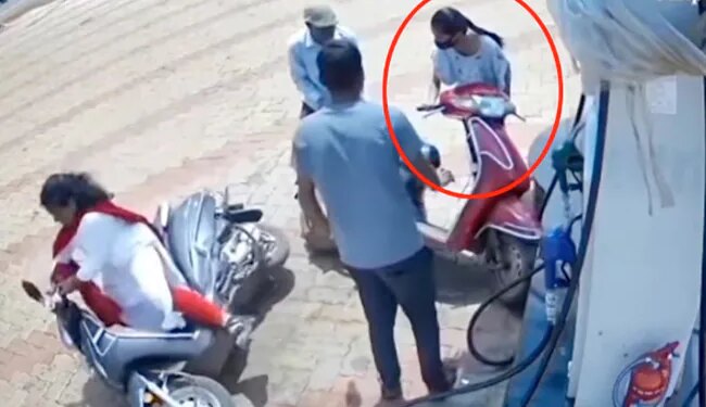 Funny Viral Video Captured In Petrol Pump Cctv Footage Girl Scooty Incident | Girl Scooty Incident At Petrol Pump Video Goes Viral On Social Media