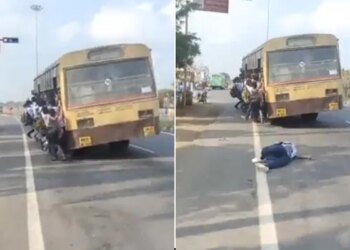 Video Shows School Boy Falling From Crowded TNSTC Bus In Tamil Nadu | Tamilnadu State Transport Corporation Bus Full With School Students One Boy Fell Down On Road