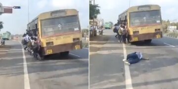 Video Shows School Boy Falling From Crowded TNSTC Bus In Tamil Nadu | Tamilnadu State Transport Corporation Bus Full With School Students One Boy Fell Down On Road