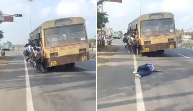 Video Shows School Boy Falling From Crowded TNSTC Bus In Tamil Nadu | Tamilnadu State Transport Corporation Bus Full With School Students One Boy Fell Down On Road