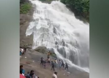 A Sudden Flash Flood Surprised Visitors At A Waterfall | Due To Heavy Rain Flood Came On The Waterfall Video
