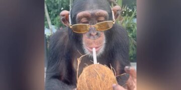 Chimpanzee Flaunts Yellow Sunglasses While Enjoying Coconut Water Watch Viral Video – चिंपैंजी ने पहना पीले रंग का चश्मा, मुंह में स्ट्रॉ लगाकर पीने लगा नारियल पानी, लोग बोले