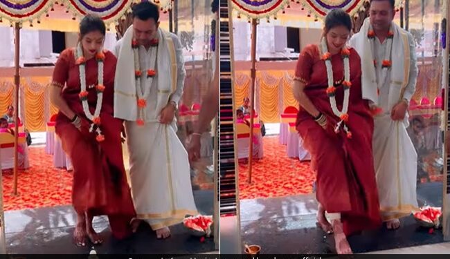 Bride Kicked Fast Glass Full Of Rice Jumped In The Air During Griha Pravesh Ceremony Will Leave You In Splits Internet Says Footballer Bahu