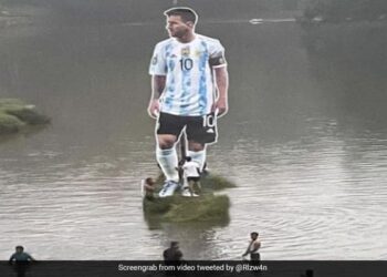 Football Star Lionel Messi 30 Feet Tall Cut Out Stands In Kerala River See Viral Video