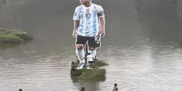 Football Star Lionel Messi 30 Feet Tall Cut Out Stands In Kerala River See Viral Video