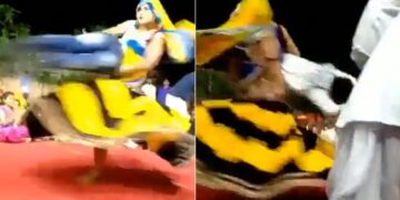 Boy Started Dancing On Stage In Front Of Female Dancer Then She Lifted Him Up Like Chakri This Happened Next In Viral Video – डांसर के सामने स्टेज पर जोश में नाचने लगा लड़का, उसने उठाकर चकरी की तरह घुमा डाला, लोग बोले