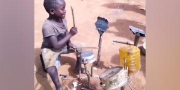 Desi Jugaad: Little Boy Plays Drums Made Out Of Empty Vessels And Wooden Sticks