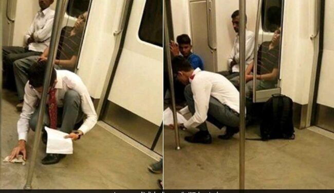 Boy Cleans Up Floor After Spilling Food In Delhi Metro Internet Reacts See Viral Post