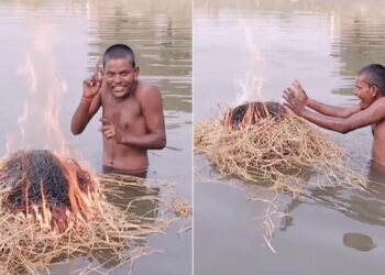 Man Bathing In Cold Water With Desi Jugaadaz: Man Adopted Desi Jugaad While Bathing In The River Funny Video