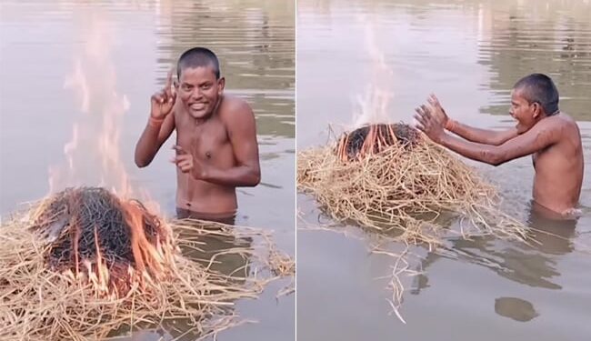 Man Bathing In Cold Water With Desi Jugaadaz: Man Adopted Desi Jugaad While Bathing In The River Funny Video