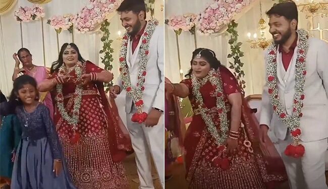 Bride Dance On Stage Groom Cant Control His Laugh, Bride Dances Weirdly Groom Burst In Laughter Watch Hilarious Video, Bride Groom Video – VIDEO: जयमाला होते ही स्टेज पर ठुमके लगाने लगी दुल्हन, दुल्हा के उड़े होश, लोग बोले