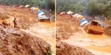 Heavy Truck Driver Shocking Video: Truck Driver Crossed Truck From Water In Long Queue Where Because Of Landslide Watterlogged Can Be Seen