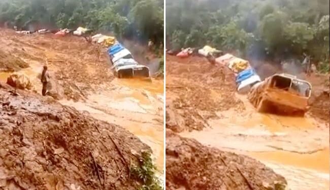 Heavy Truck Driver Shocking Video: Truck Driver Crossed Truck From Water In Long Queue Where Because Of Landslide Watterlogged Can Be Seen