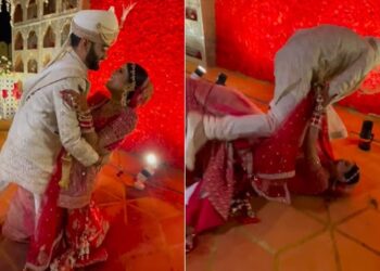 Couple Falls Off During Wedding Photoshoot: Bride Groom Fell Down During The Photoshoot In Wedding Function