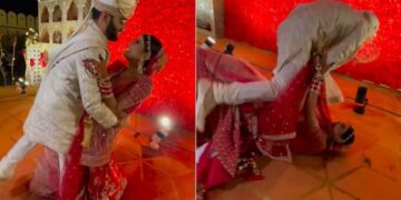 Couple Falls Off During Wedding Photoshoot: Bride Groom Fell Down During The Photoshoot In Wedding Function