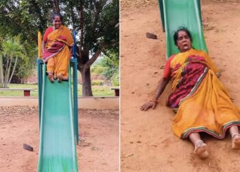 VIDEO: आंटी को सूझी बचपन वाली मस्ती, स्लाइडर पर चढ़ी और फिर जो हुआ उसे देख छूट जाएगी हंसी