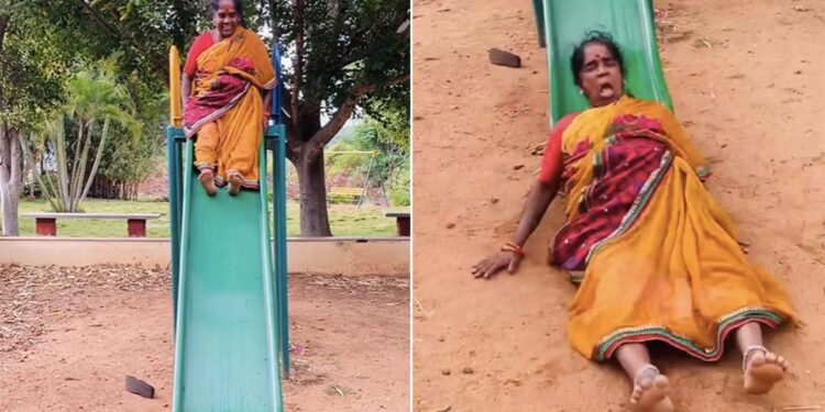 VIDEO: आंटी को सूझी बचपन वाली मस्ती, स्लाइडर पर चढ़ी और फिर जो हुआ उसे देख छूट जाएगी हंसी