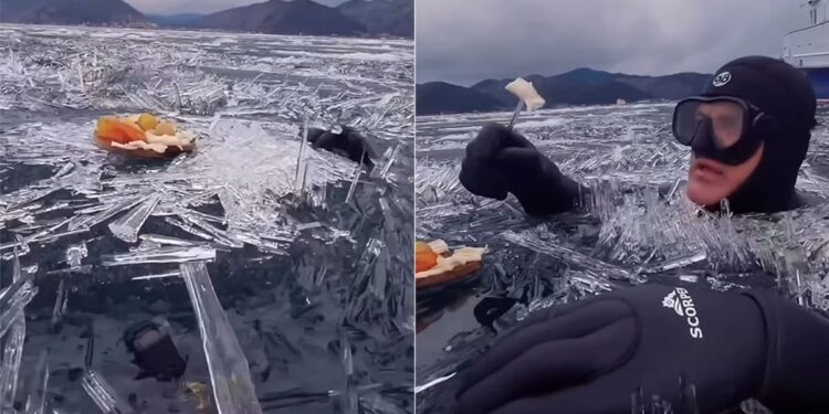 Viral Video Of Swimmers Eating Fruits In Frozen Lake | Frozen Lake Viral Video | Baikal Frozen Lake Video
