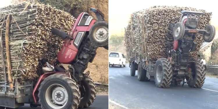 Viral Video: An Tractor Overloaded With Sugarcane Performs Risky Stunt On Highway, Dangerous Tractor Stunt, HIGHWAY STUNT, STUNT VIDEO