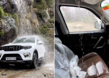 Man Takes His SUV Under A Waterfall And It Starts Leaking, Video Of Mahindra Scorpio-Ns Sunroof Leaking Under Waterfall Goes Viral