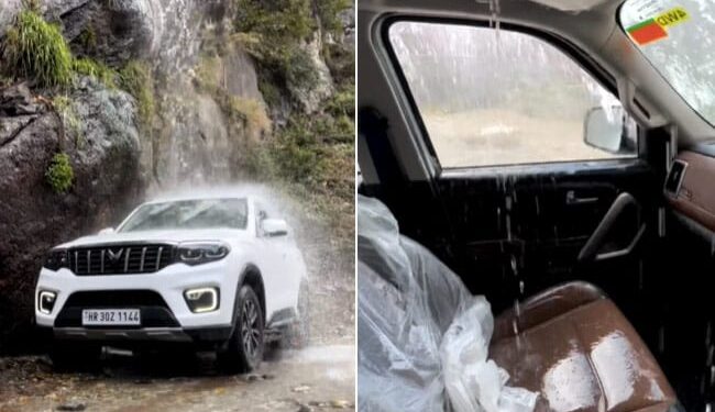 Man Takes His SUV Under A Waterfall And It Starts Leaking, Video Of Mahindra Scorpio-Ns Sunroof Leaking Under Waterfall Goes Viral